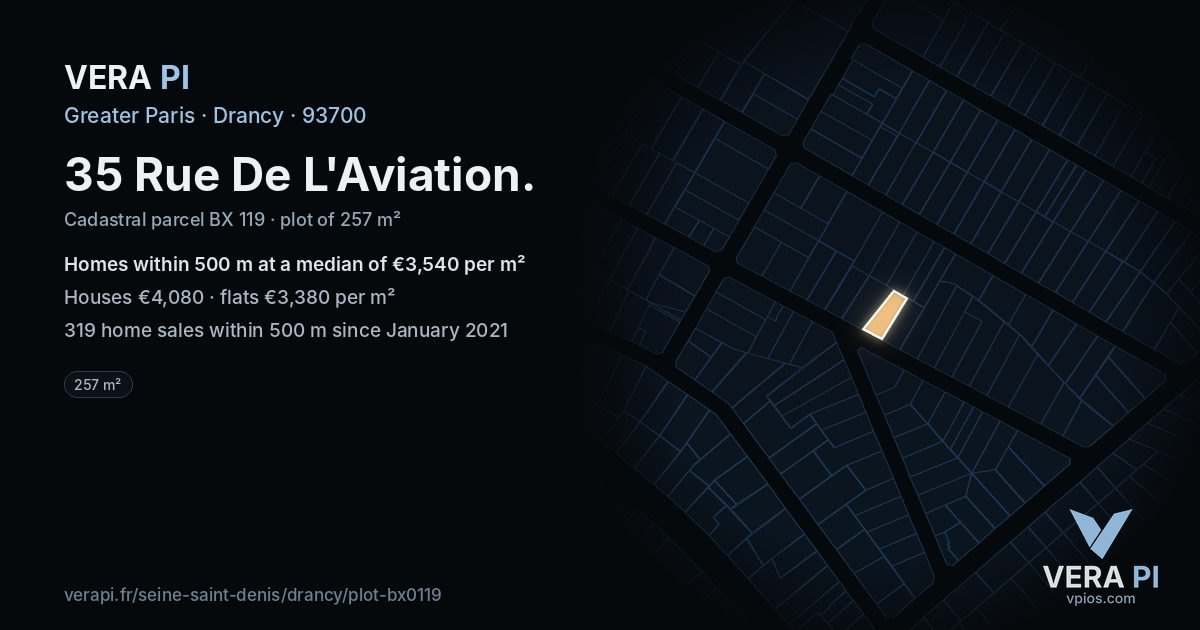 35 Rue De L'Aviation, Drancy at night – the plot lit, the parcels around coloured by the prices near them