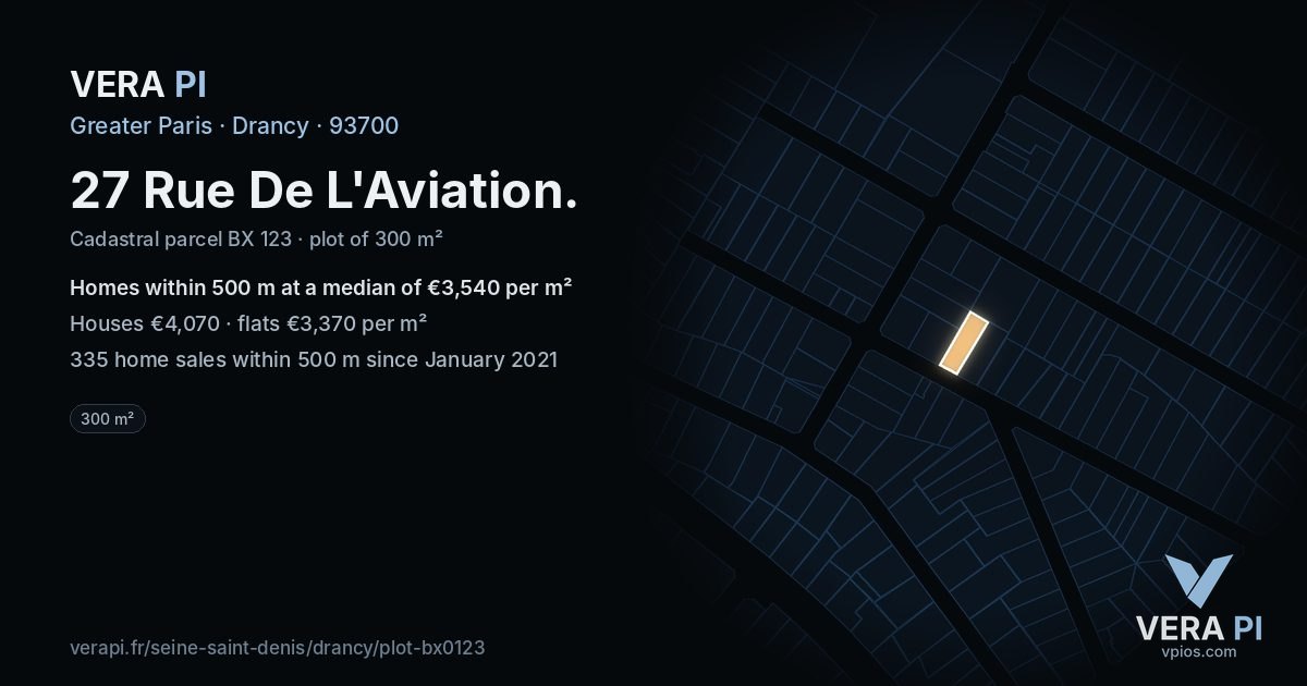 27 Rue De L'Aviation, Drancy at night – the plot lit, the parcels around coloured by the prices near them