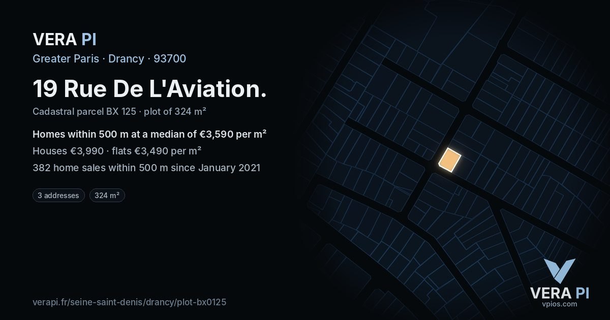 19 Rue De L'Aviation, Drancy at night – the plot lit, the parcels around coloured by the prices near them