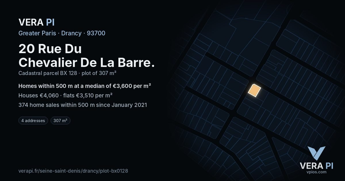 20 Rue Du Chevalier De La Barre, Drancy at night – the plot lit, the parcels around coloured by the prices near them