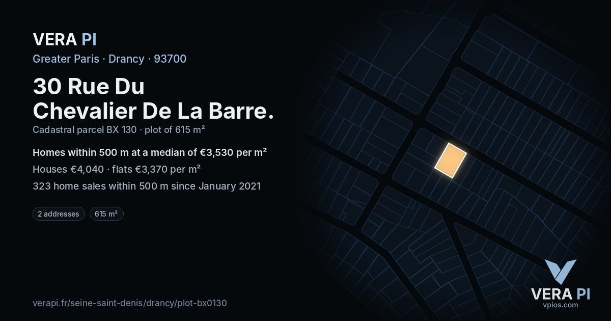 30 Rue Du Chevalier De La Barre, Drancy at night – the plot lit, the parcels around coloured by the prices near them