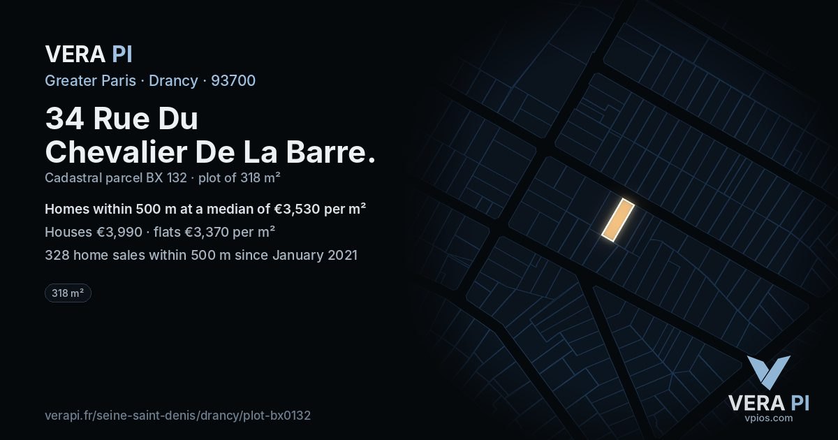 34 Rue Du Chevalier De La Barre, Drancy at night – the plot lit, the parcels around coloured by the prices near them