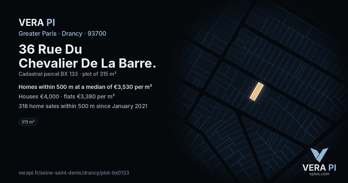 36 Rue Du Chevalier De La Barre, Drancy at night – the plot lit, the parcels around coloured by the prices near them