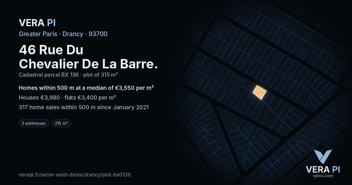 46 Rue Du Chevalier De La Barre, Drancy at night – the plot lit, the parcels around coloured by the prices near them