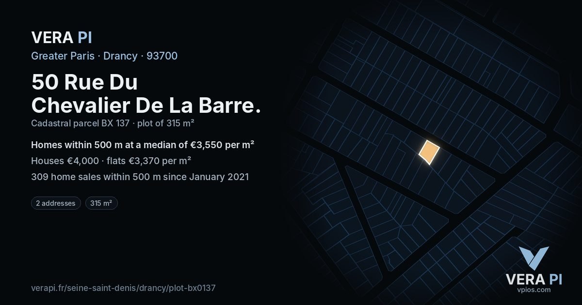 50 Rue Du Chevalier De La Barre, Drancy at night – the plot lit, the parcels around coloured by the prices near them