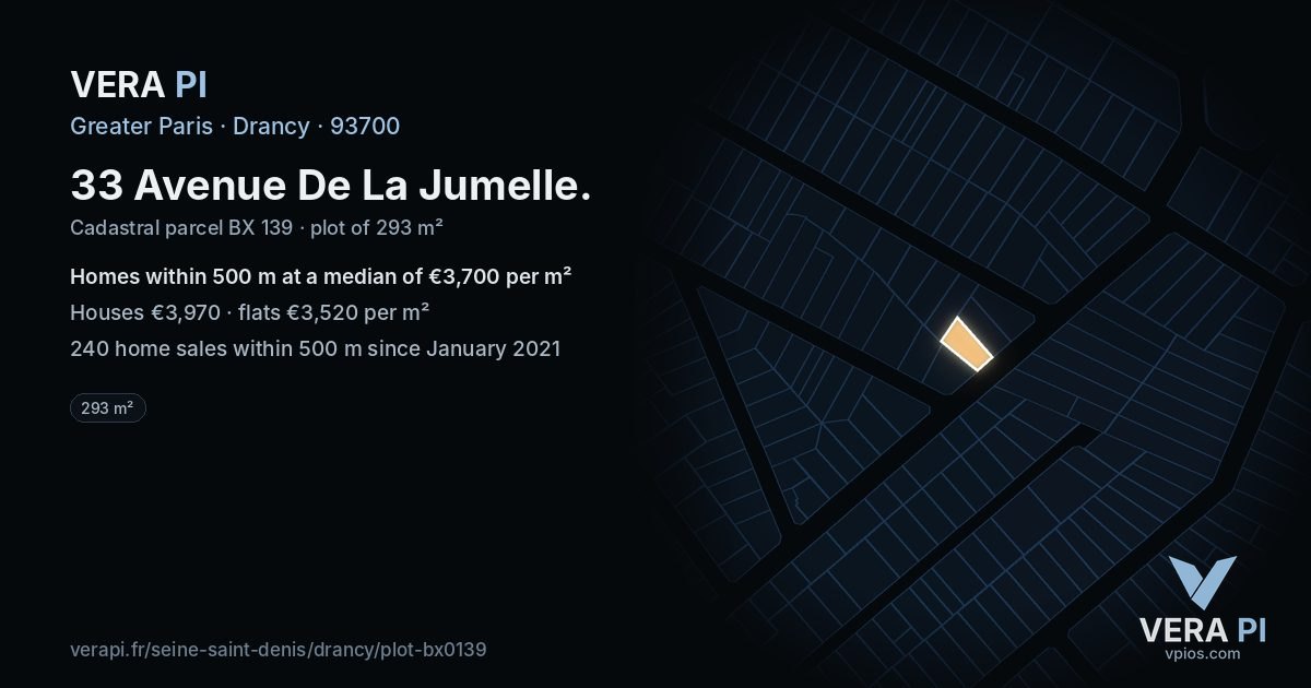 33 Avenue De La Jumelle, Drancy at night – the plot lit, the parcels around coloured by the prices near them