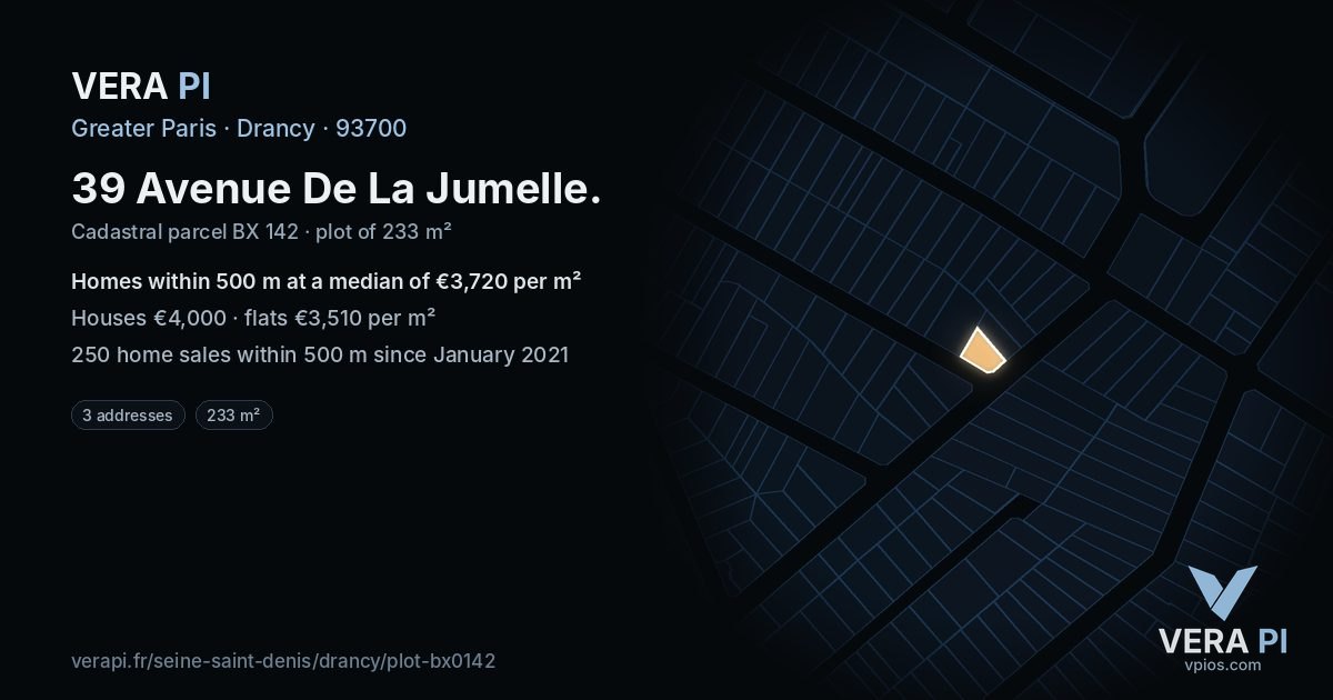 39 Avenue De La Jumelle, Drancy at night – the plot lit, the parcels around coloured by the prices near them