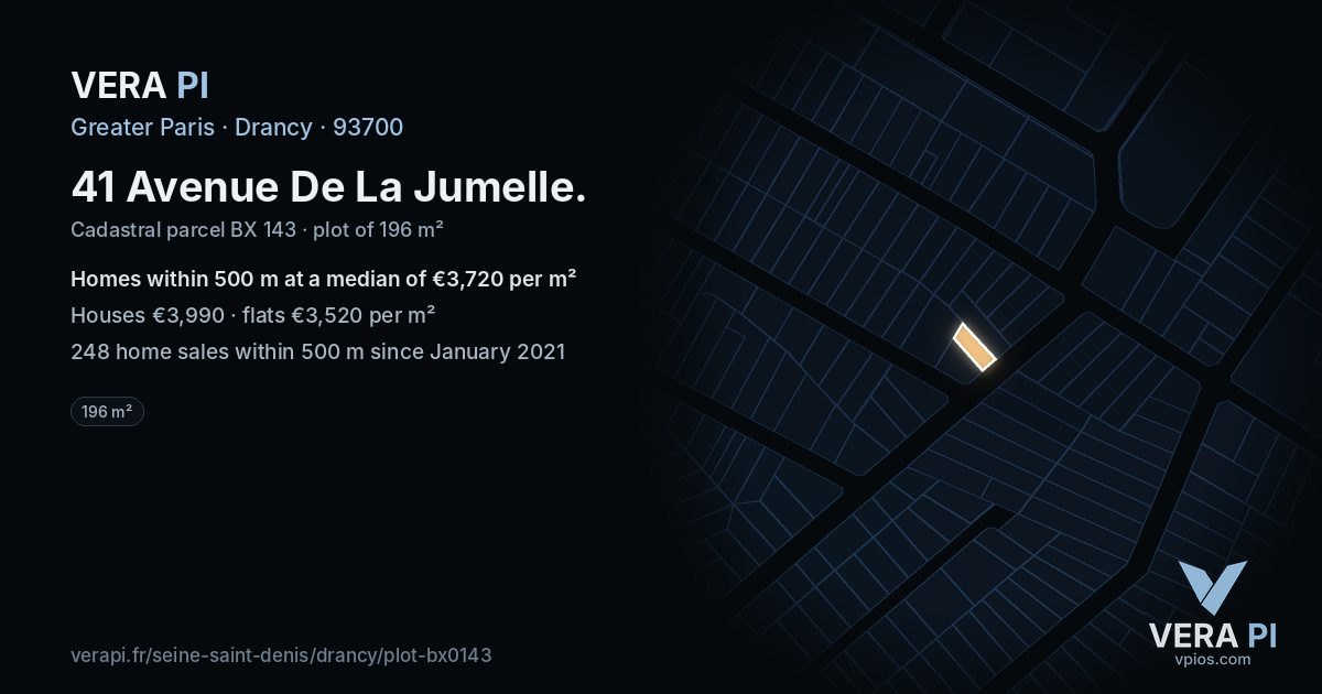41 Avenue De La Jumelle, Drancy at night – the plot lit, the parcels around coloured by the prices near them