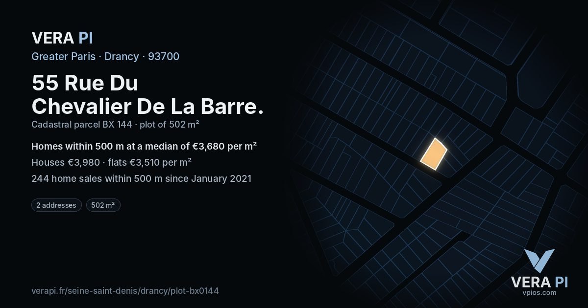 55 Rue Du Chevalier De La Barre, Drancy at night – the plot lit, the parcels around coloured by the prices near them
