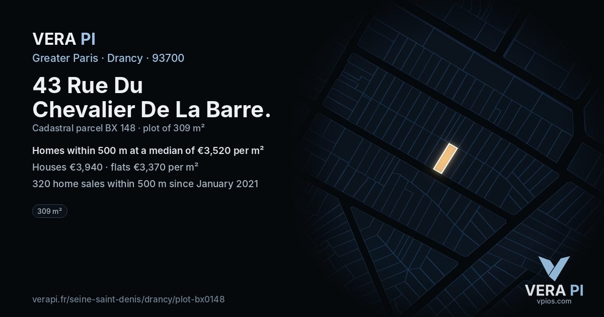 43 Rue Du Chevalier De La Barre, Drancy at night – the plot lit, the parcels around coloured by the prices near them