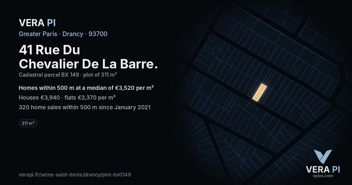 41 Rue Du Chevalier De La Barre, Drancy at night – the plot lit, the parcels around coloured by the prices near them