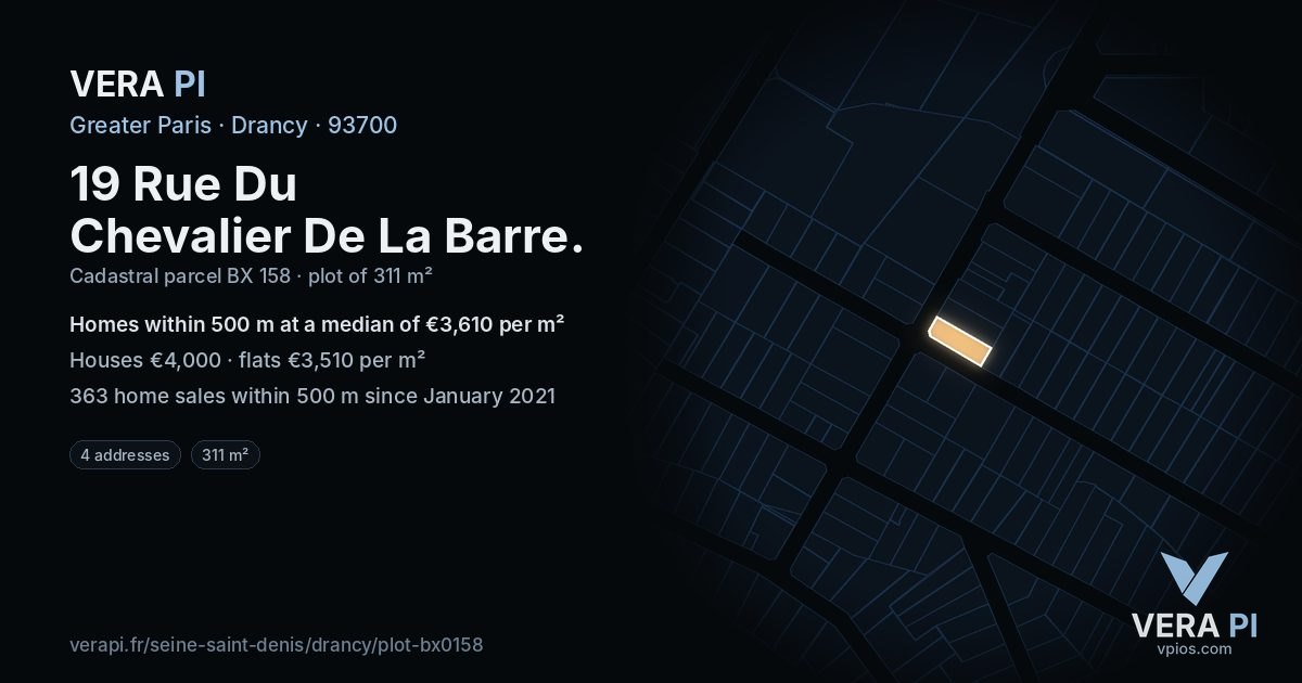 19 Rue Du Chevalier De La Barre, Drancy at night – the plot lit, the parcels around coloured by the prices near them