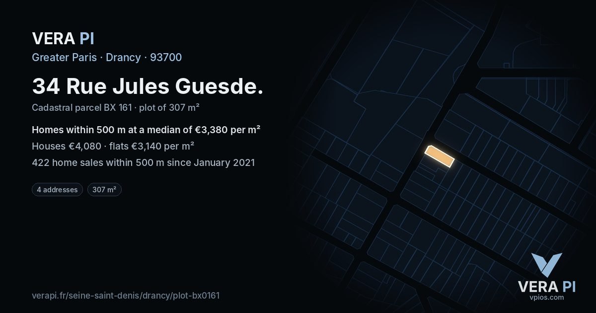 34 Rue Jules Guesde, Drancy at night – the plot lit, the parcels around coloured by the prices near them
