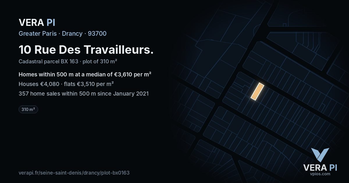 10 Rue Des Travailleurs, Drancy at night – the plot lit, the parcels around coloured by the prices near them