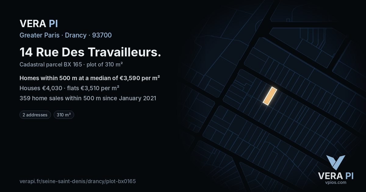 14 Rue Des Travailleurs, Drancy at night – the plot lit, the parcels around coloured by the prices near them