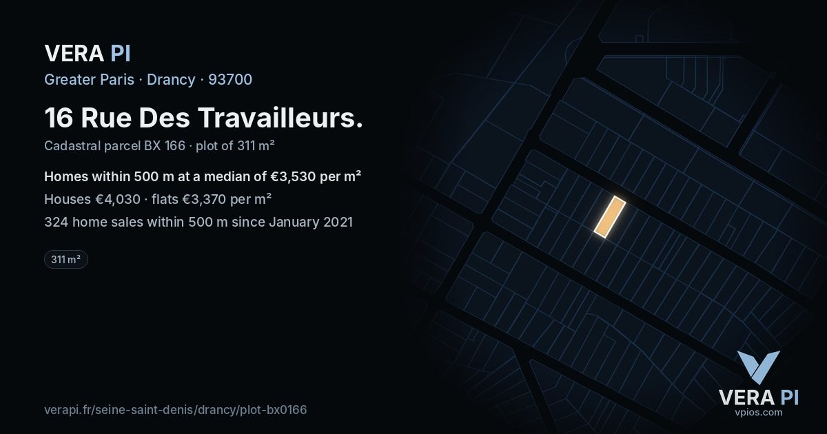 16 Rue Des Travailleurs, Drancy at night – the plot lit, the parcels around coloured by the prices near them