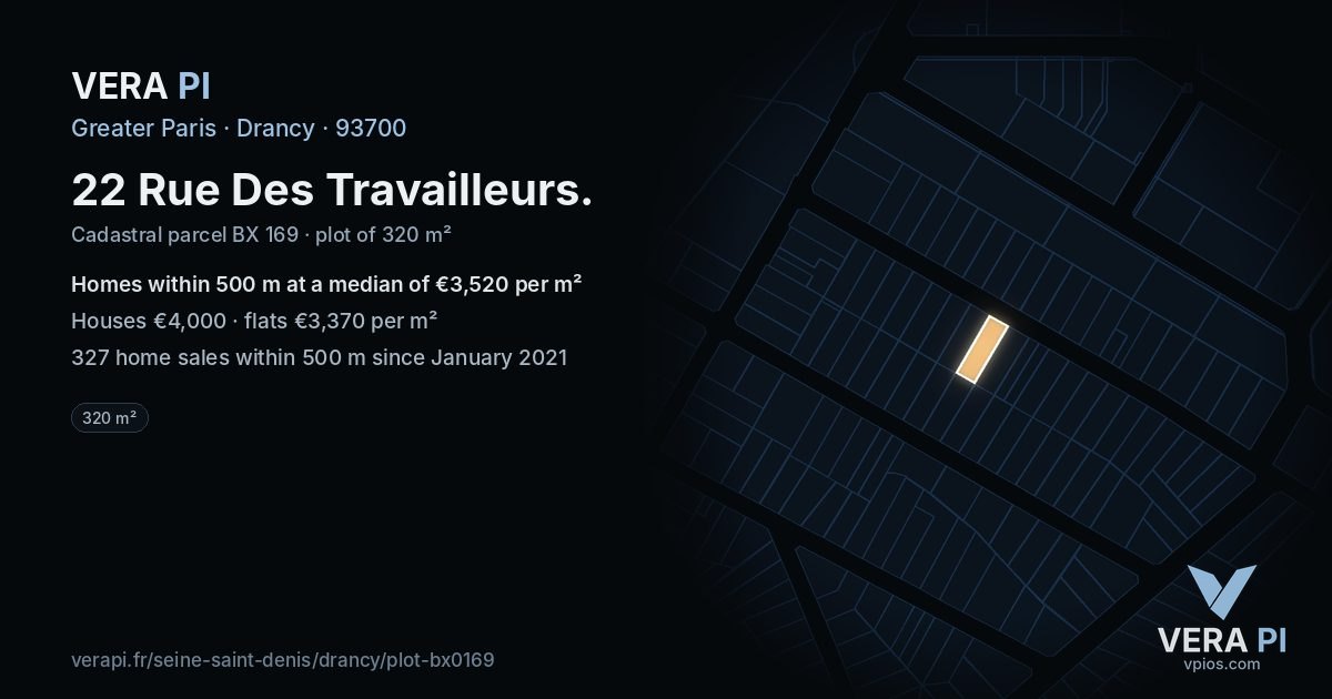 22 Rue Des Travailleurs, Drancy at night – the plot lit, the parcels around coloured by the prices near them