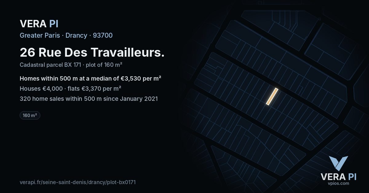 26 Rue Des Travailleurs, Drancy at night – the plot lit, the parcels around coloured by the prices near them