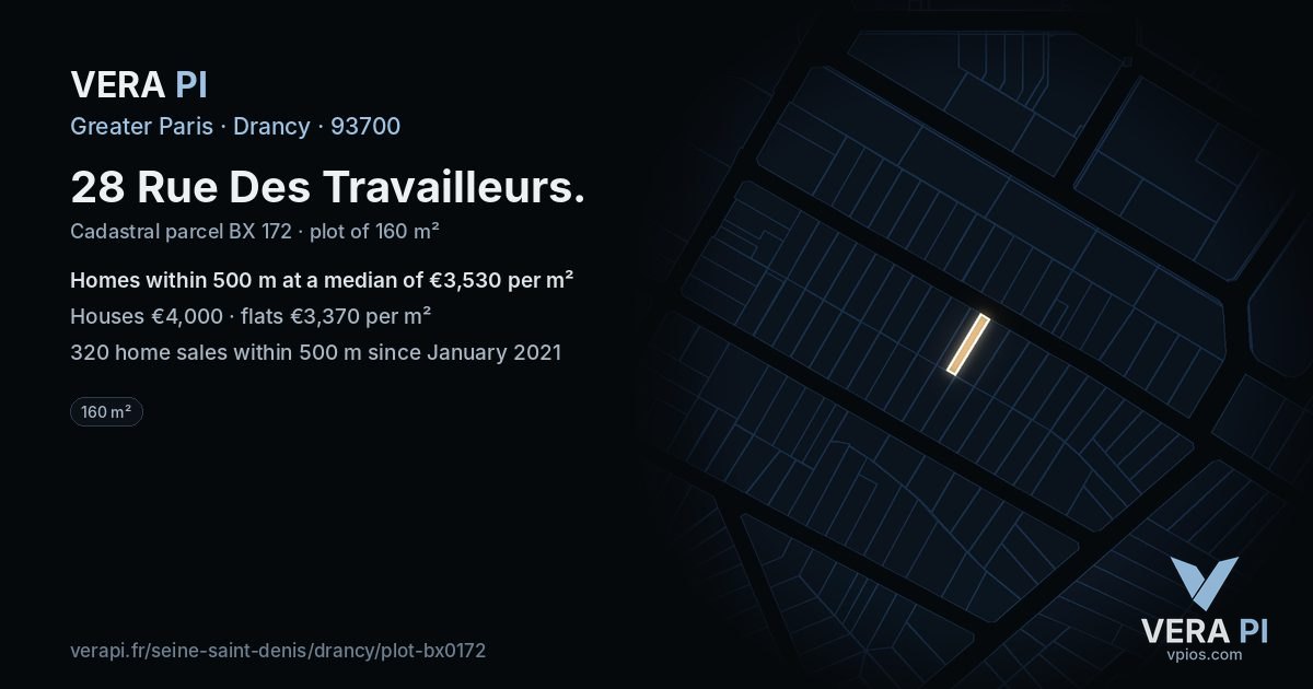 28 Rue Des Travailleurs, Drancy at night – the plot lit, the parcels around coloured by the prices near them