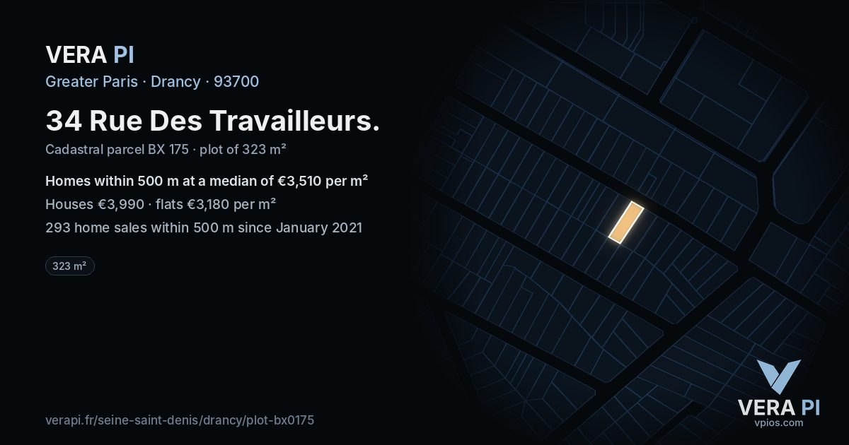 34 Rue Des Travailleurs, Drancy at night – the plot lit, the parcels around coloured by the prices near them
