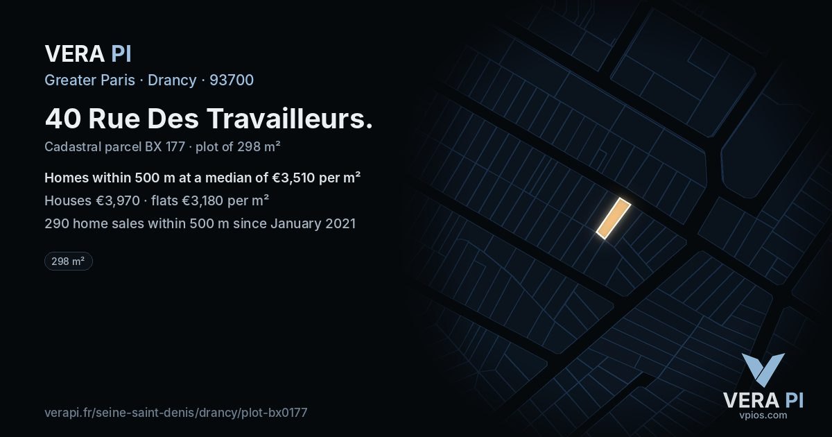 40 Rue Des Travailleurs, Drancy at night – the plot lit, the parcels around coloured by the prices near them