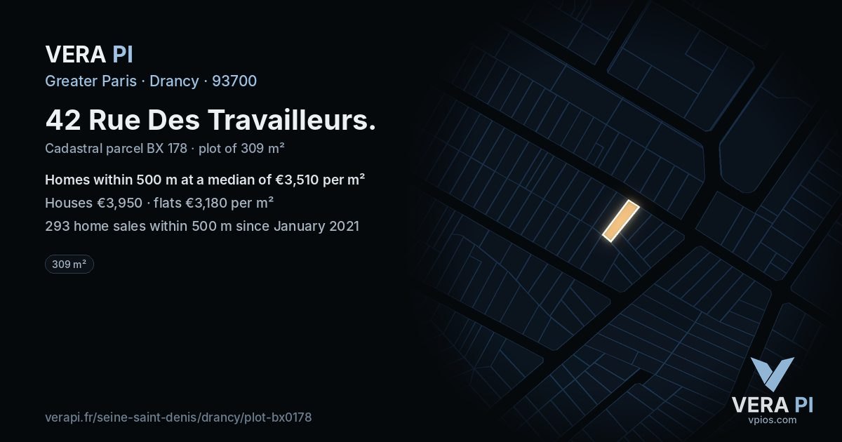 42 Rue Des Travailleurs, Drancy at night – the plot lit, the parcels around coloured by the prices near them