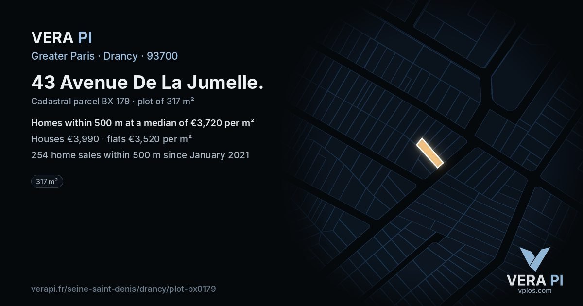 43 Avenue De La Jumelle, Drancy at night – the plot lit, the parcels around coloured by the prices near them