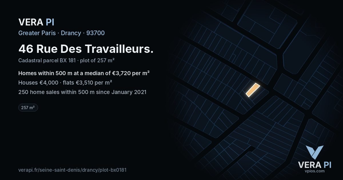 46 Rue Des Travailleurs, Drancy at night – the plot lit, the parcels around coloured by the prices near them