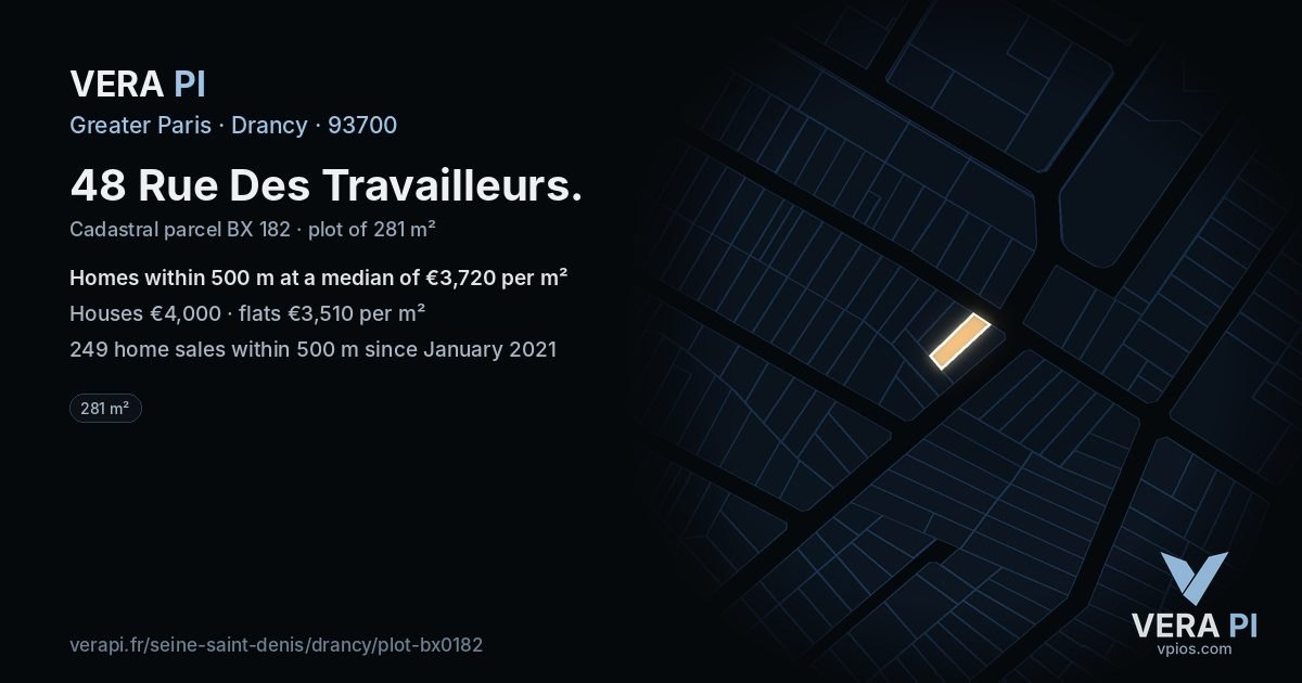 48 Rue Des Travailleurs, Drancy at night – the plot lit, the parcels around coloured by the prices near them