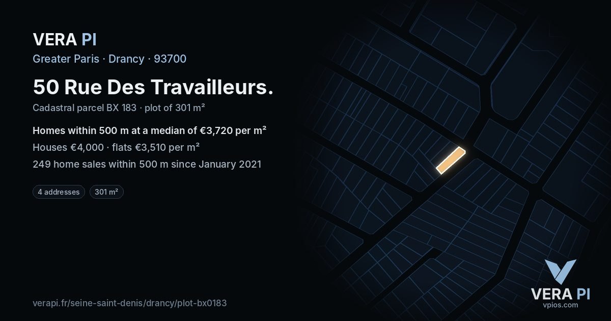 50 Rue Des Travailleurs, Drancy at night – the plot lit, the parcels around coloured by the prices near them
