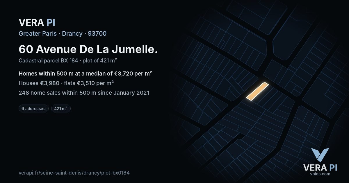 60 Avenue De La Jumelle, Drancy at night – the plot lit, the parcels around coloured by the prices near them