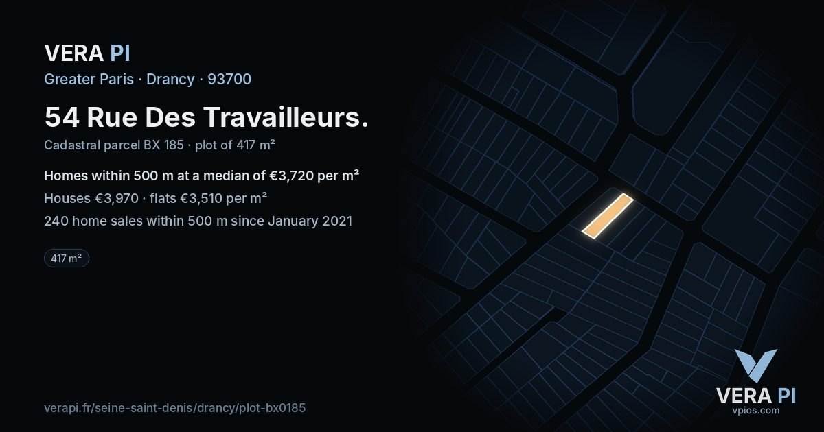 54 Rue Des Travailleurs, Drancy at night – the plot lit, the parcels around coloured by the prices near them