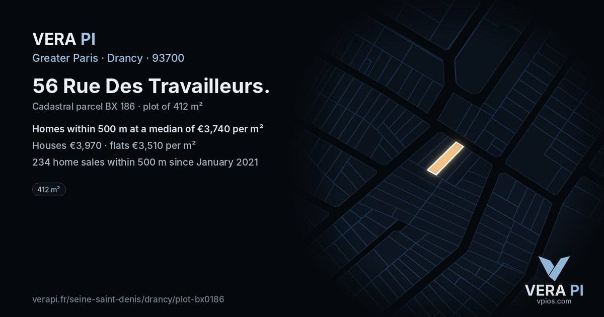 56 Rue Des Travailleurs, Drancy at night – the plot lit, the parcels around coloured by the prices near them