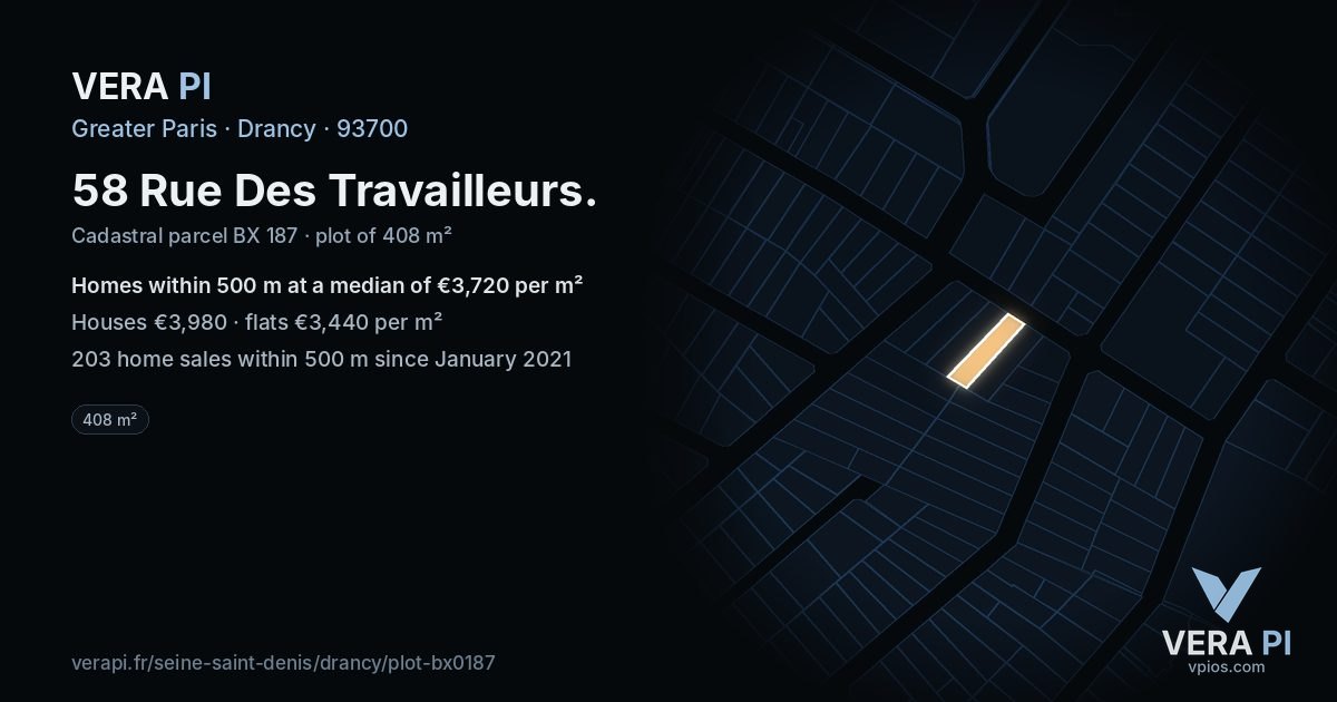 58 Rue Des Travailleurs, Drancy at night – the plot lit, the parcels around coloured by the prices near them