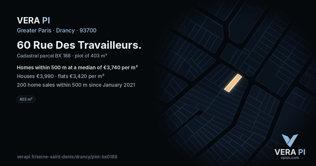 60 Rue Des Travailleurs, Drancy at night – the plot lit, the parcels around coloured by the prices near them