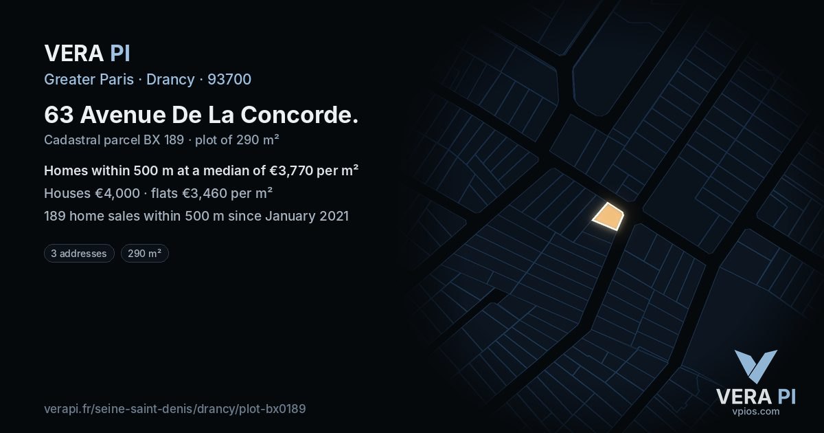 63 Avenue De La Concorde, Drancy at night – the plot lit, the parcels around coloured by the prices near them