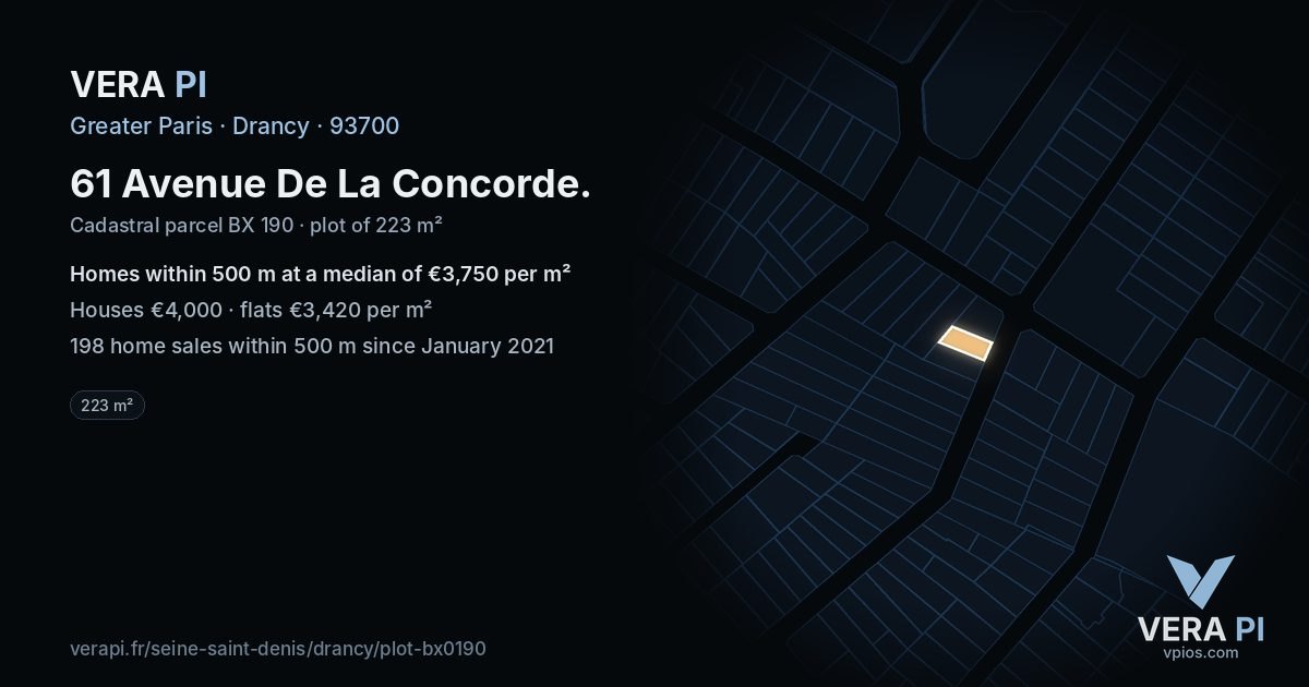 61 Avenue De La Concorde, Drancy at night – the plot lit, the parcels around coloured by the prices near them