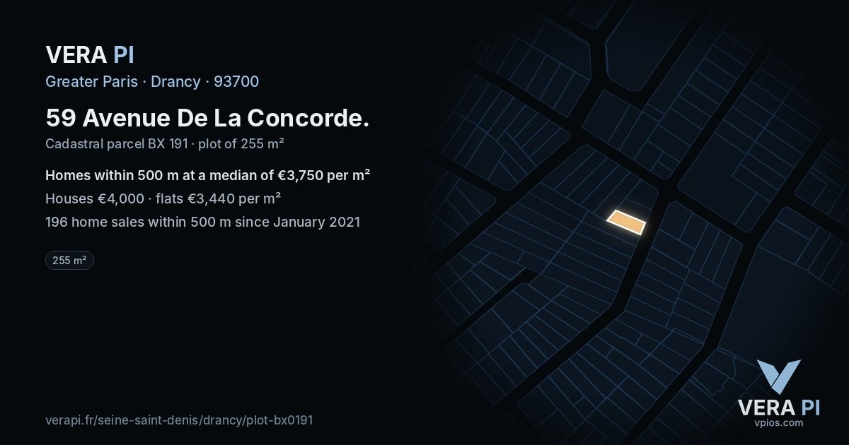 59 Avenue De La Concorde, Drancy at night – the plot lit, the parcels around coloured by the prices near them