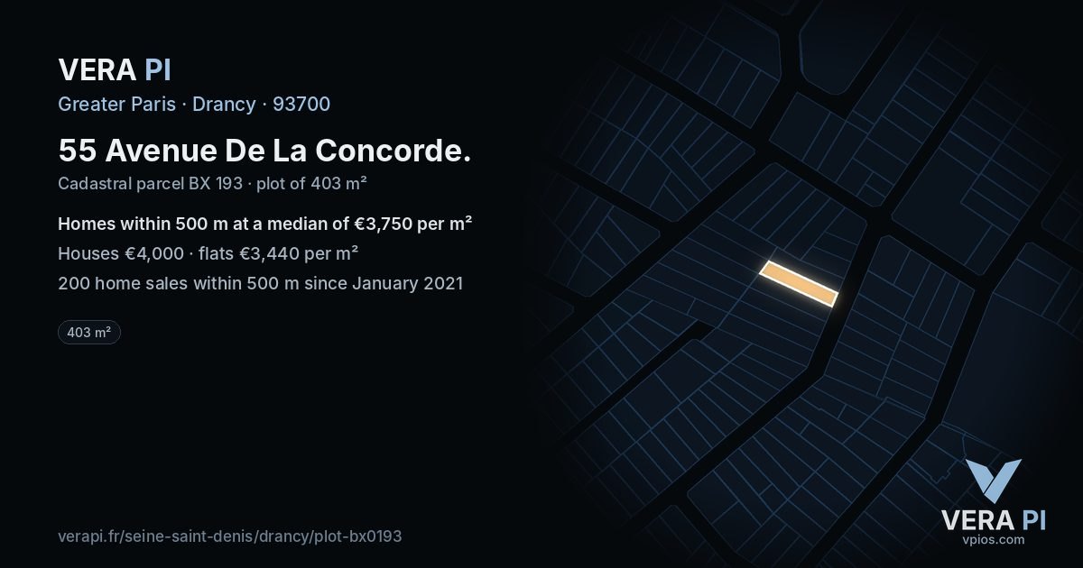 55 Avenue De La Concorde, Drancy at night – the plot lit, the parcels around coloured by the prices near them