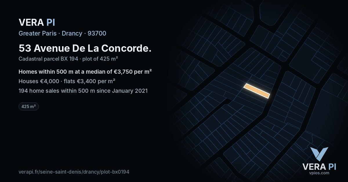 53 Avenue De La Concorde, Drancy at night – the plot lit, the parcels around coloured by the prices near them