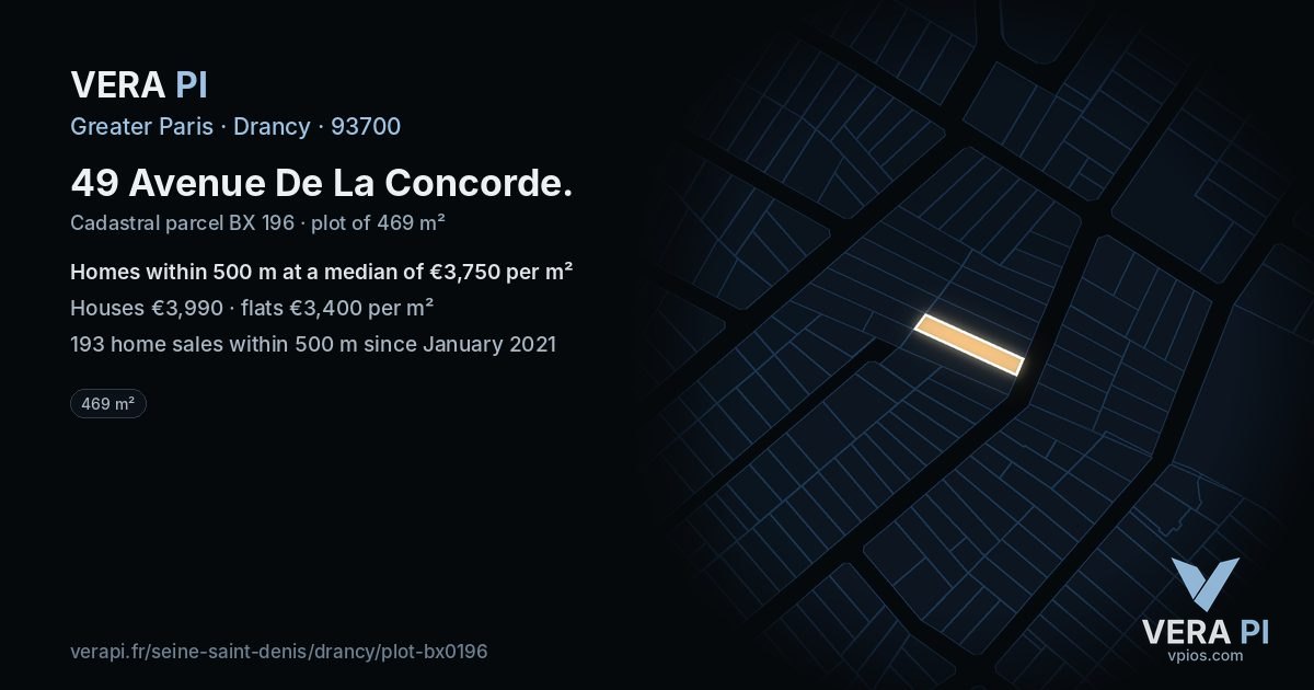 49 Avenue De La Concorde, Drancy at night – the plot lit, the parcels around coloured by the prices near them