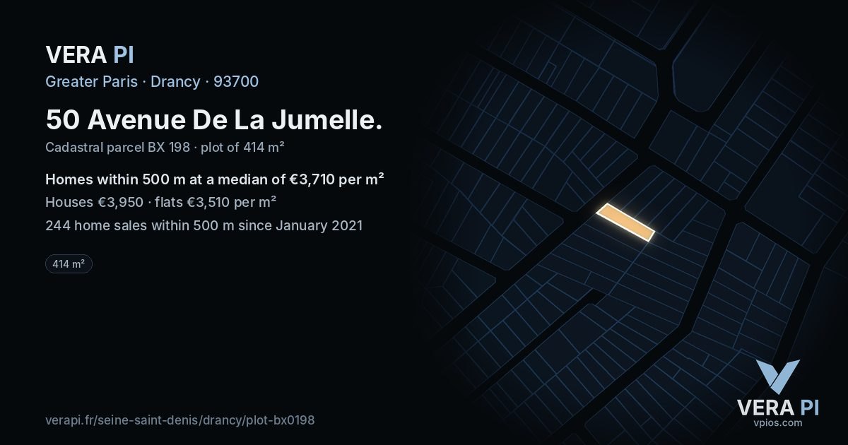 50 Avenue De La Jumelle, Drancy at night – the plot lit, the parcels around coloured by the prices near them