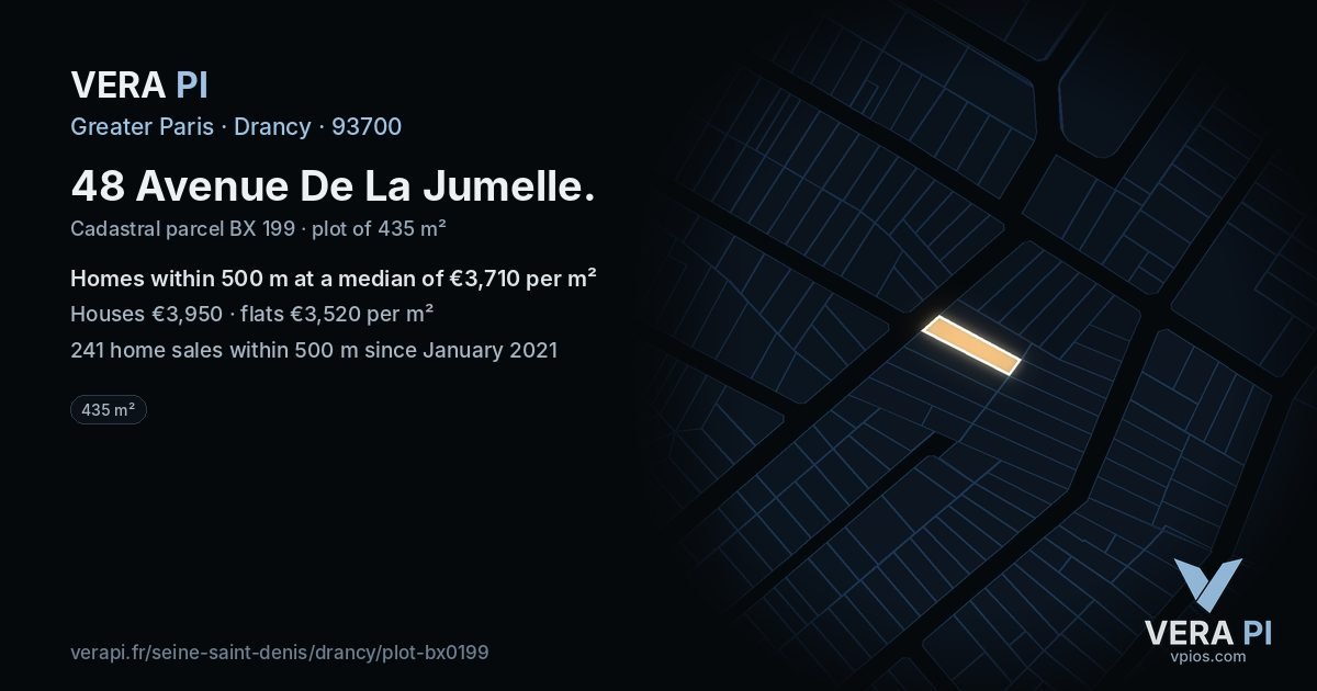 48 Avenue De La Jumelle, Drancy at night – the plot lit, the parcels around coloured by the prices near them