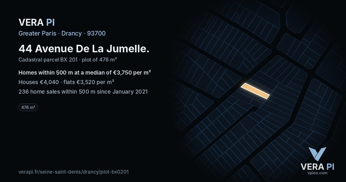 44 Avenue De La Jumelle, Drancy at night – the plot lit, the parcels around coloured by the prices near them