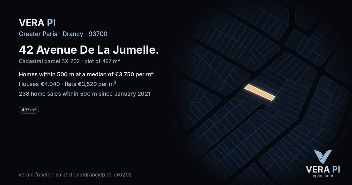 42 Avenue De La Jumelle, Drancy at night – the plot lit, the parcels around coloured by the prices near them