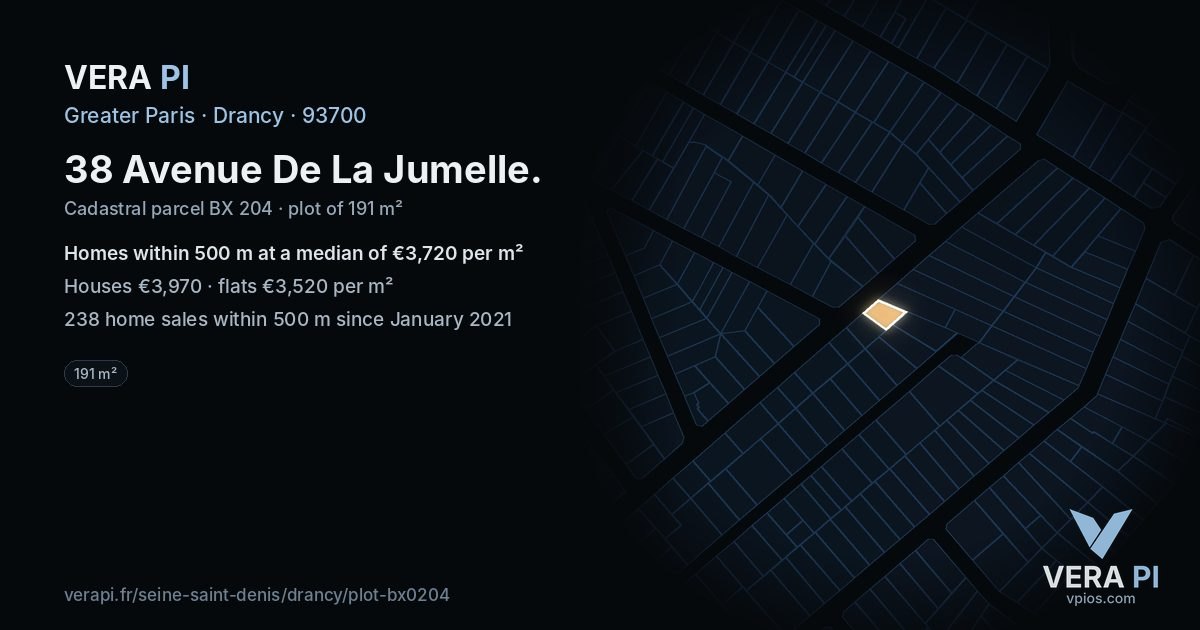38 Avenue De La Jumelle, Drancy at night – the plot lit, the parcels around coloured by the prices near them