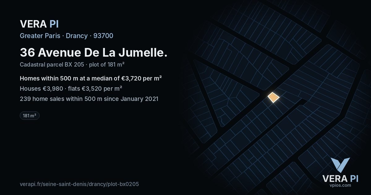 36 Avenue De La Jumelle, Drancy at night – the plot lit, the parcels around coloured by the prices near them