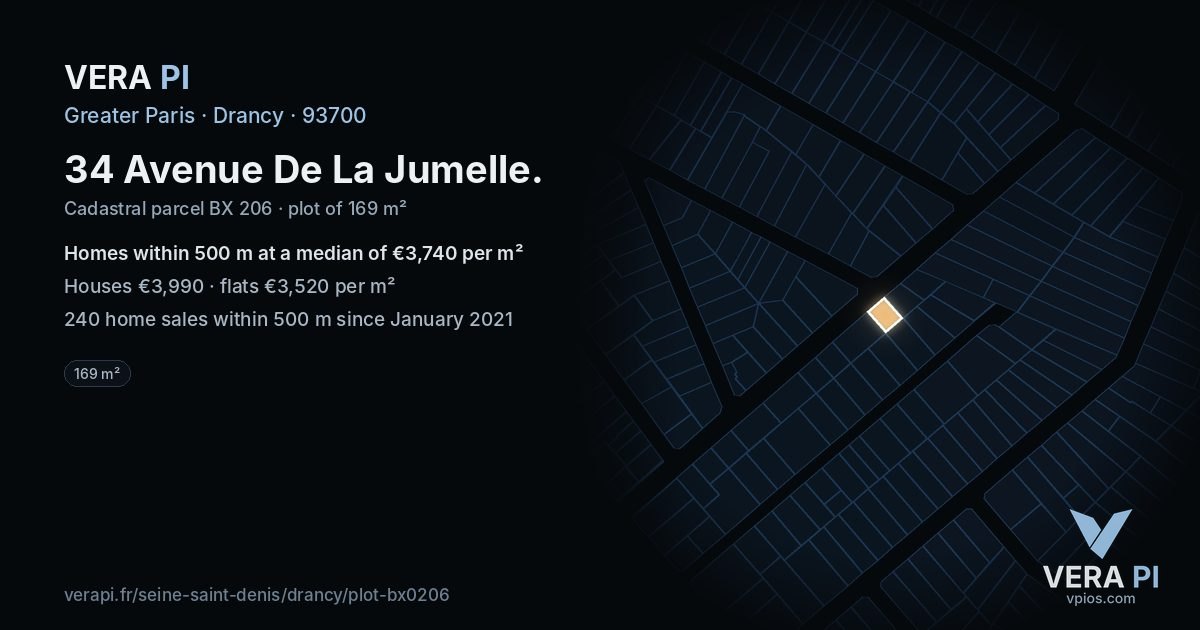 34 Avenue De La Jumelle, Drancy at night – the plot lit, the parcels around coloured by the prices near them