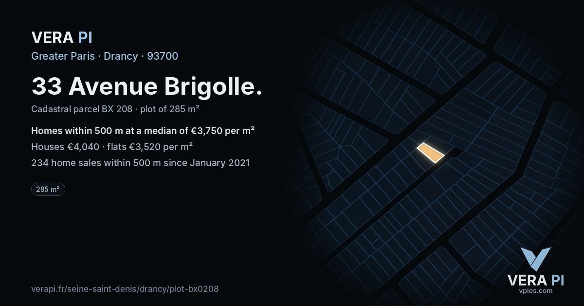 33 Avenue Brigolle, Drancy at night – the plot lit, the parcels around coloured by the prices near them