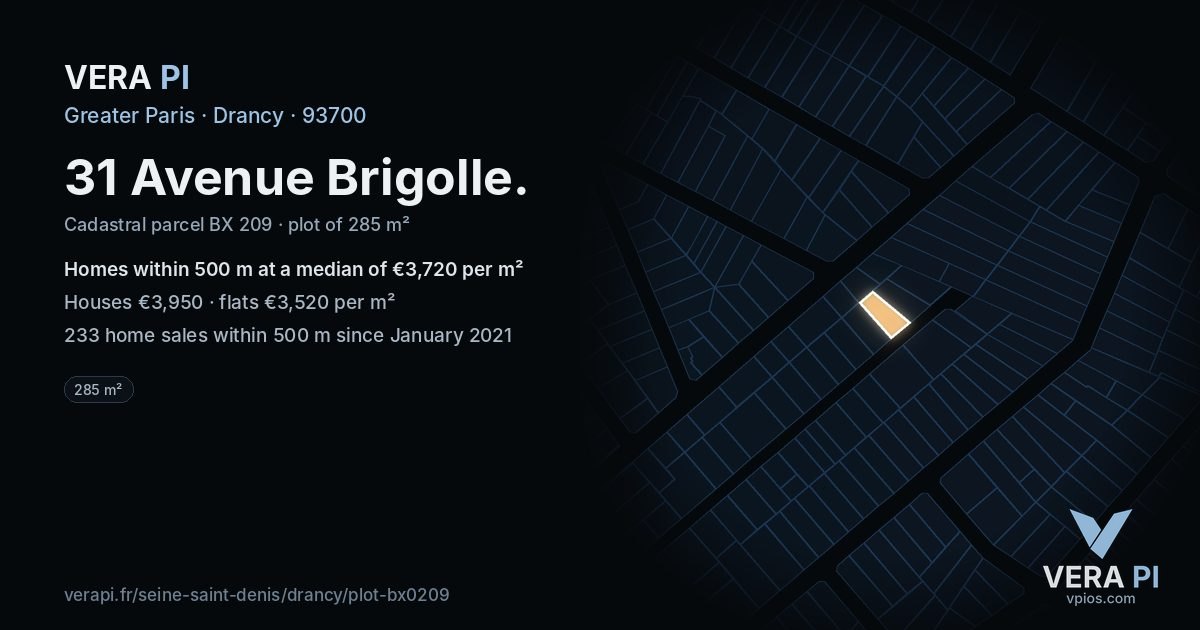 31 Avenue Brigolle, Drancy at night – the plot lit, the parcels around coloured by the prices near them